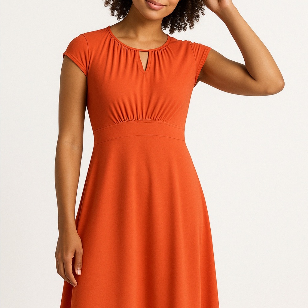 👗🌺 ExOfficio Rust-Orange A-Line Dress XS (2–4) Cap Sleeve Keyhole Sun Protection